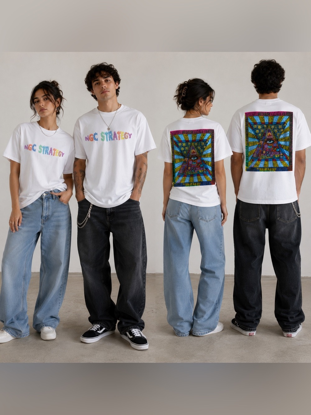Graphic White Short-Sleeve Tee with Colorful 'NGC Strategy' Print